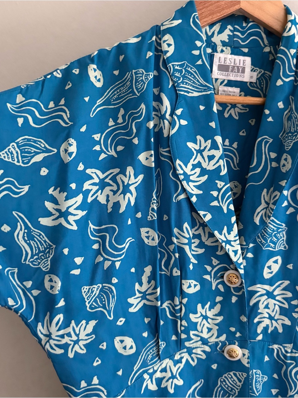 Vintage Seashell Tropical Print Blue Summer Midi Dress - Picture 4 of 7